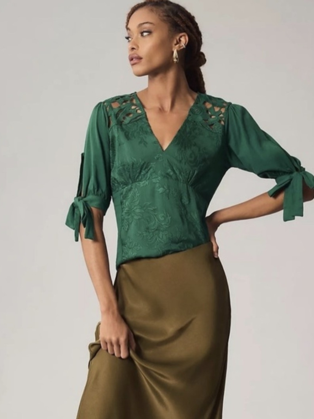 Anthropologie Tiny Petites "Ophelia" Embroidered Green Blouse Size Small